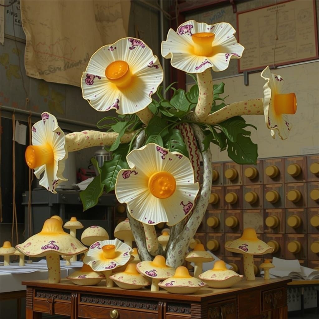 Brutalist Mushroom Haven in Hyperreal Haze