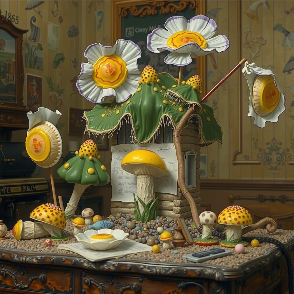 Surreal, Hyperreal Scene of Chewing Gum Cabin Amidst Mushroo...