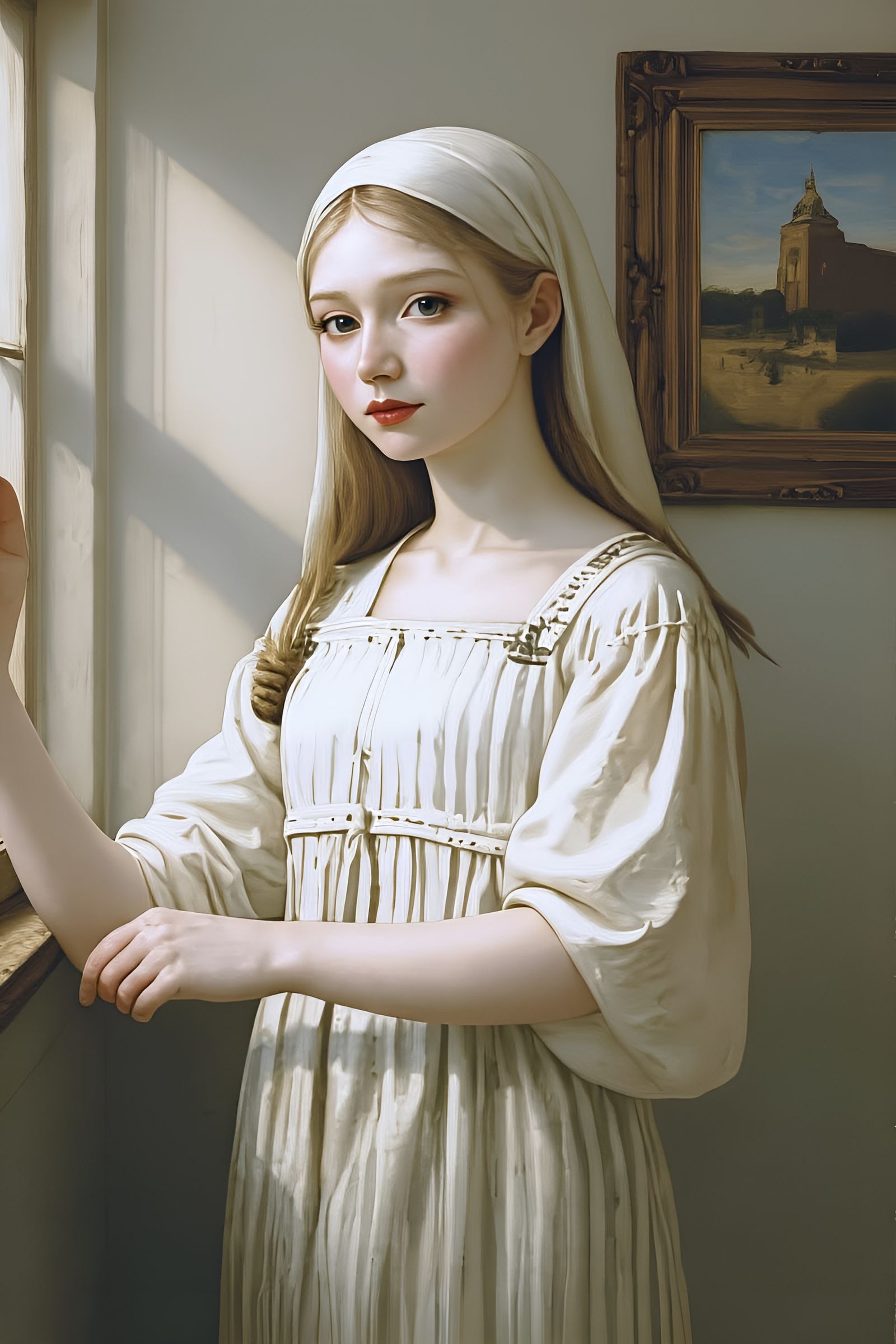 Renaissance Girl in Sunlit Window Portrait