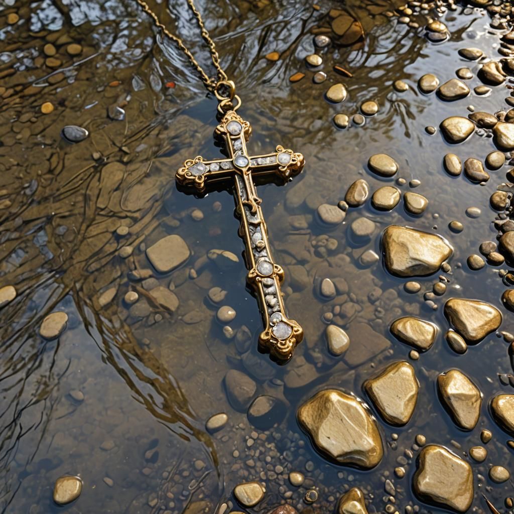 Antique Gold Cross Submerged in Brook