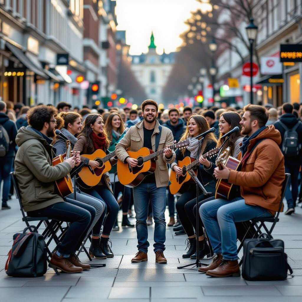 Charismatic Street Musicians Perform on Crowded Sidewalk