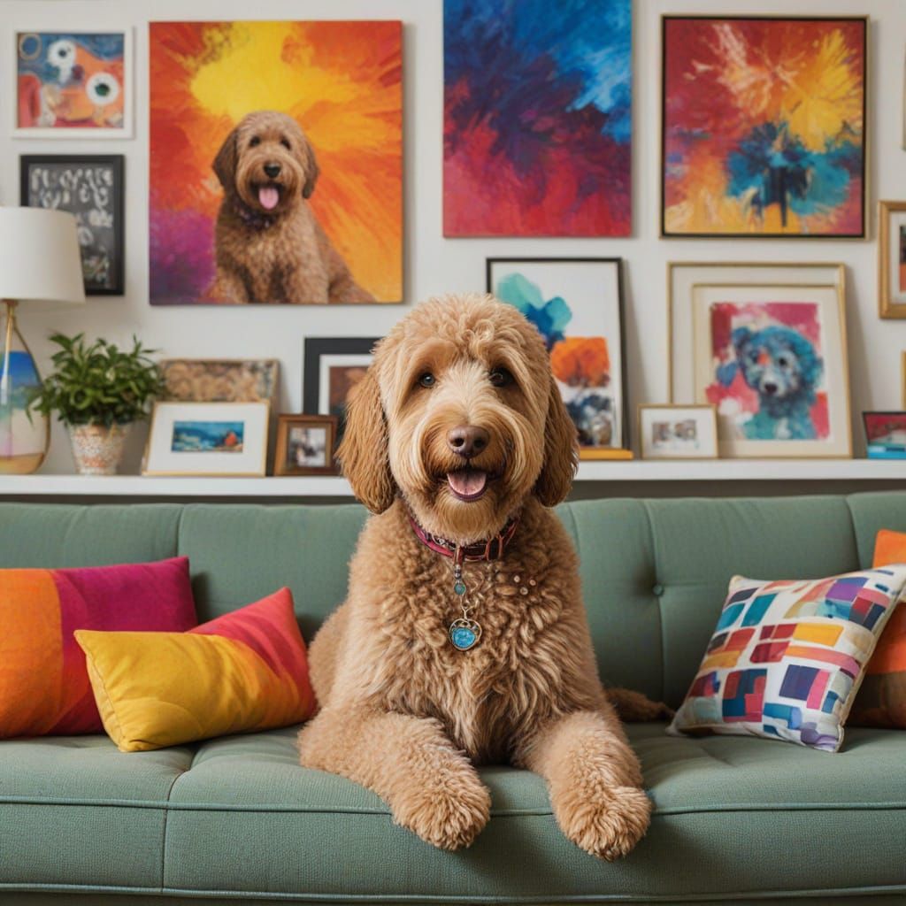 Labradoodle Critic Surveys Abstract Artwork from a Vibrant C...