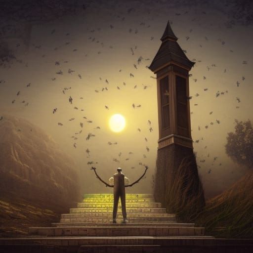 Dusk Landscape with Guardian, Swarm, and Clock