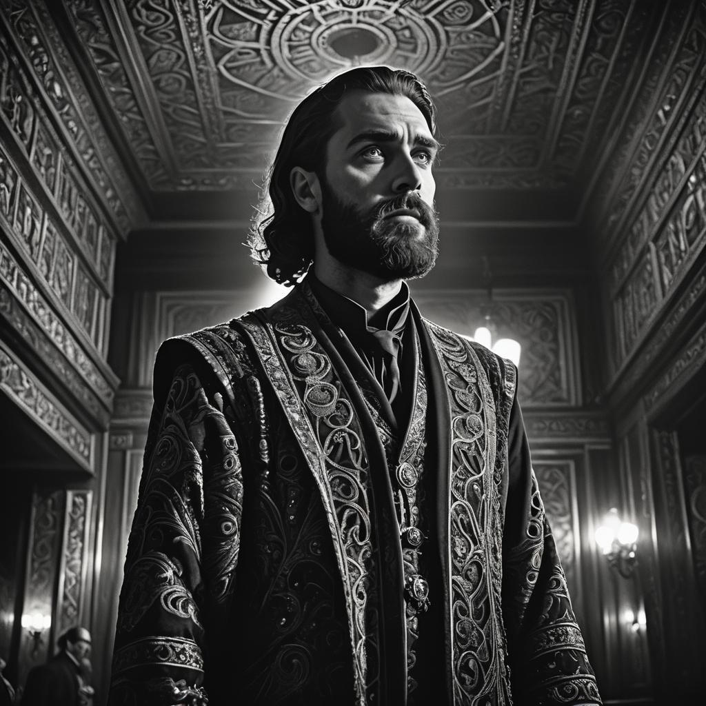 Film Noir art. Low-angle shot. A bearded male Grimdark Cardinal Richelieu.