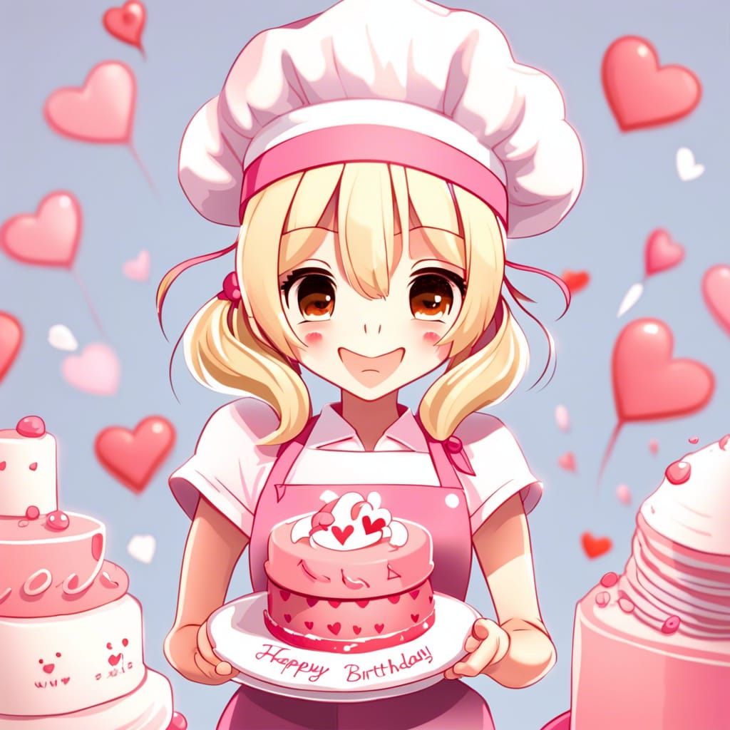 Anime Girl with Birthday Cake and Pink Hat