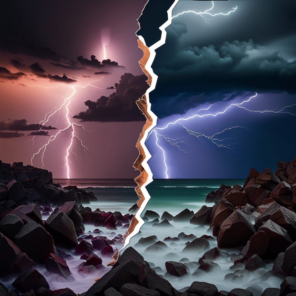 Dramatic Rocky Shoreline Split View Under Lightning Storm