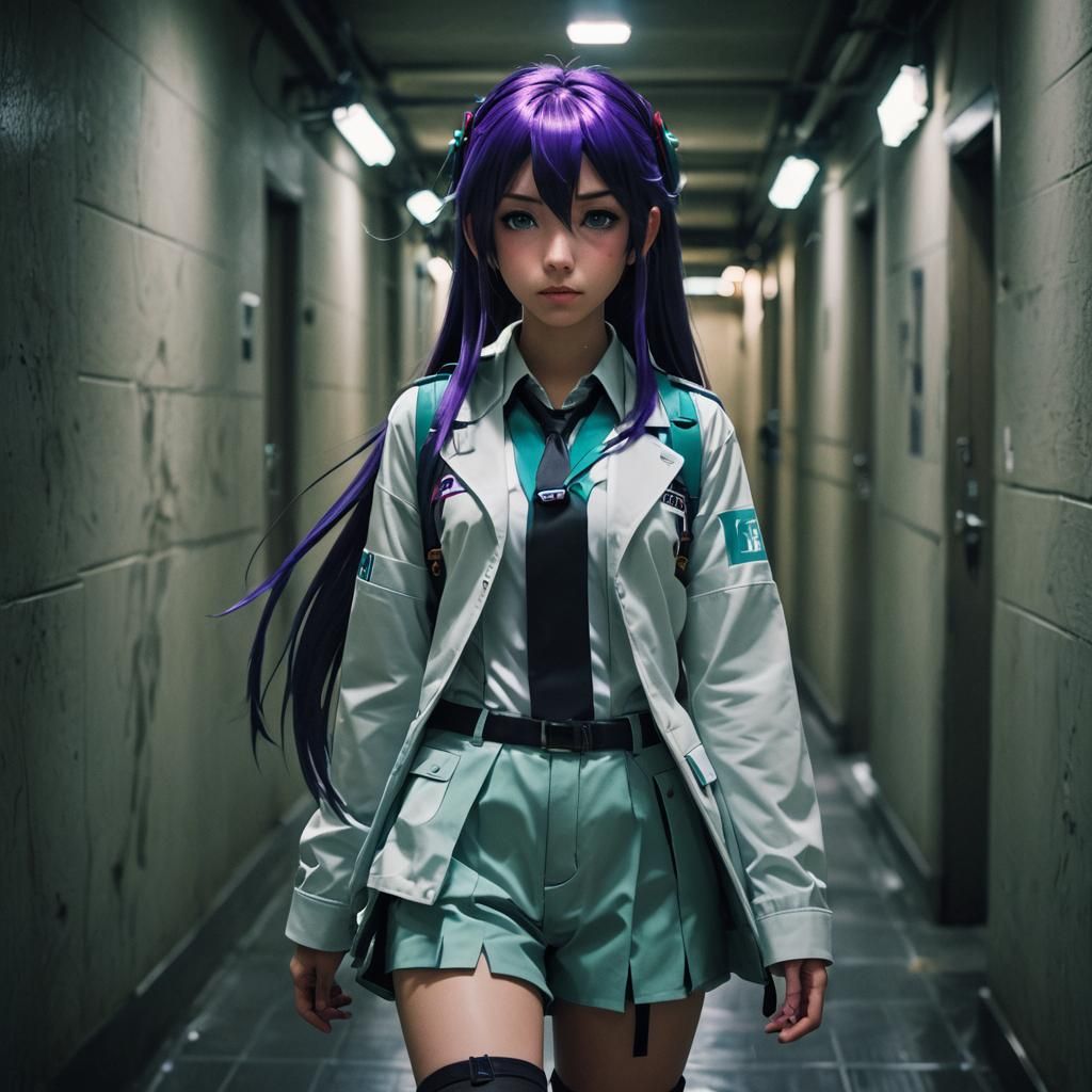 Hatsune Miku Walks a Dark Hallway: Cinematic Still