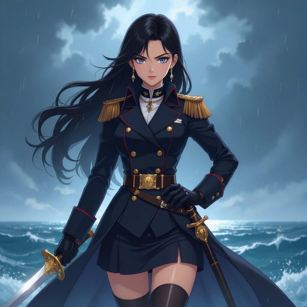 Anime Female Admiral in Black Uniform with Sword