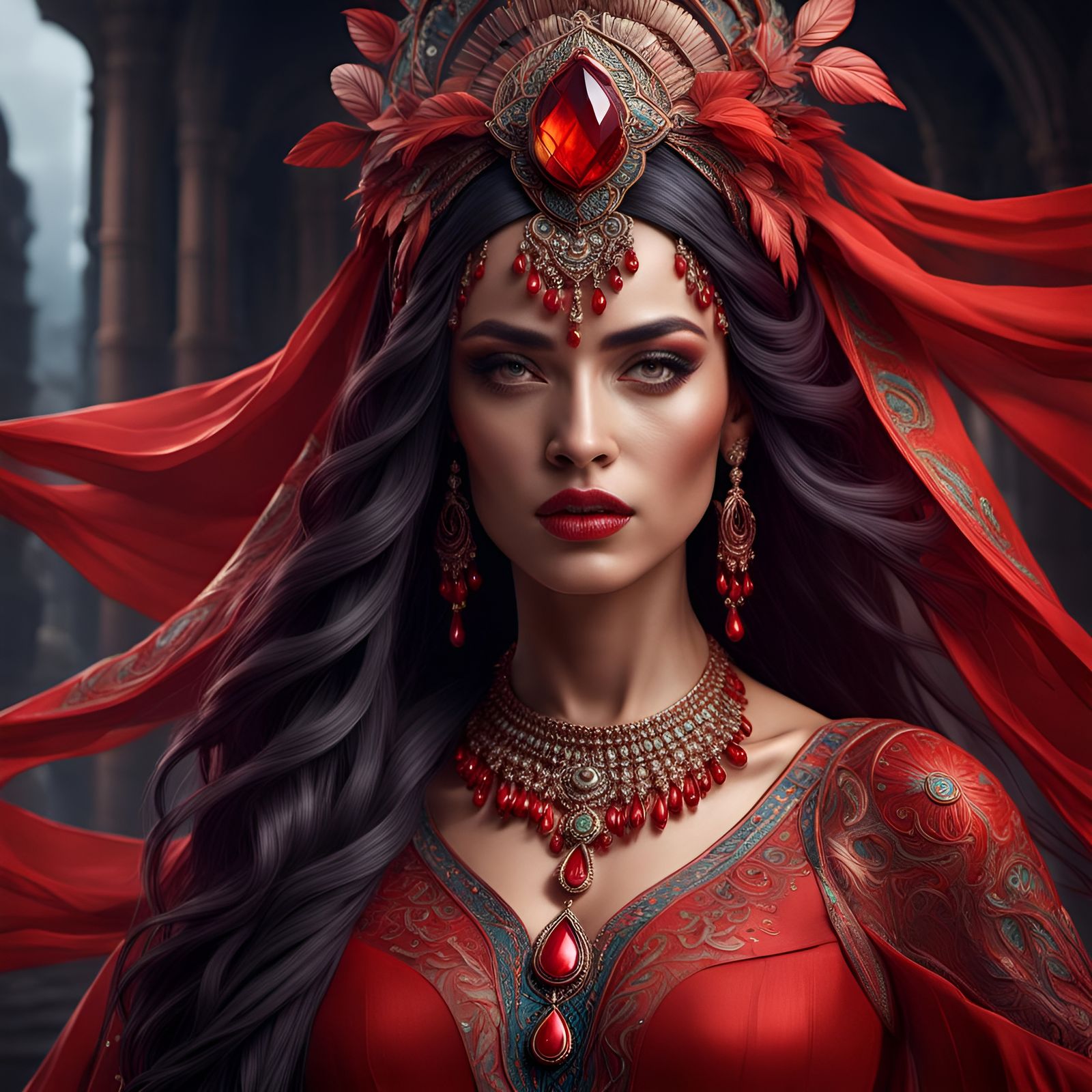 Exotic Woman Portrait with Headdress in Hyperrealism