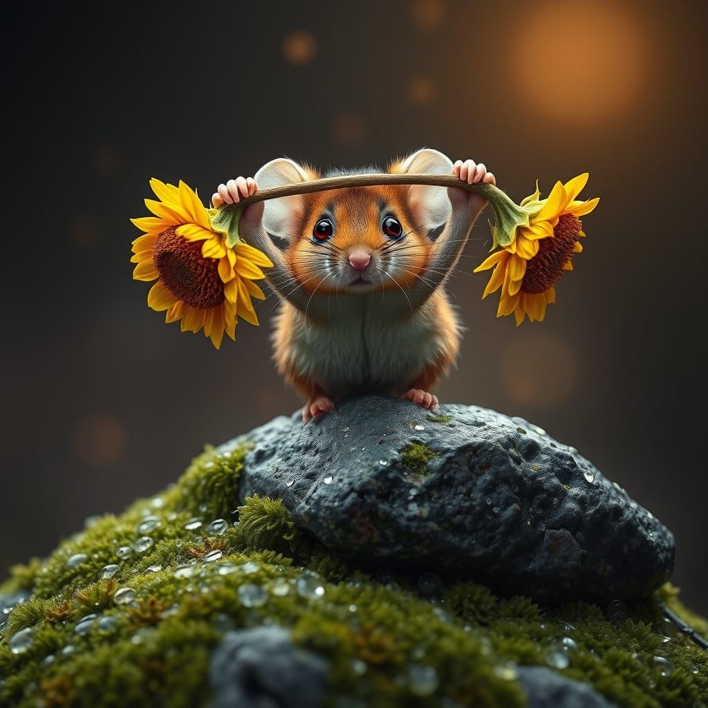 Cute Mouse Weightlifting Sunflower Barbell