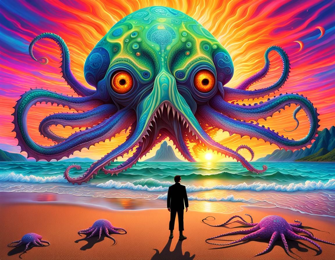 Anonymous Ray fighting a giant squid on the beach