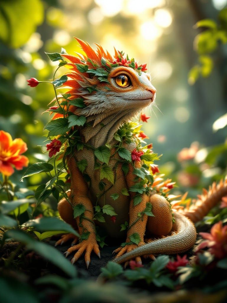 Iguana-Cat Hybrid in Lush Rainforest, CGI Render