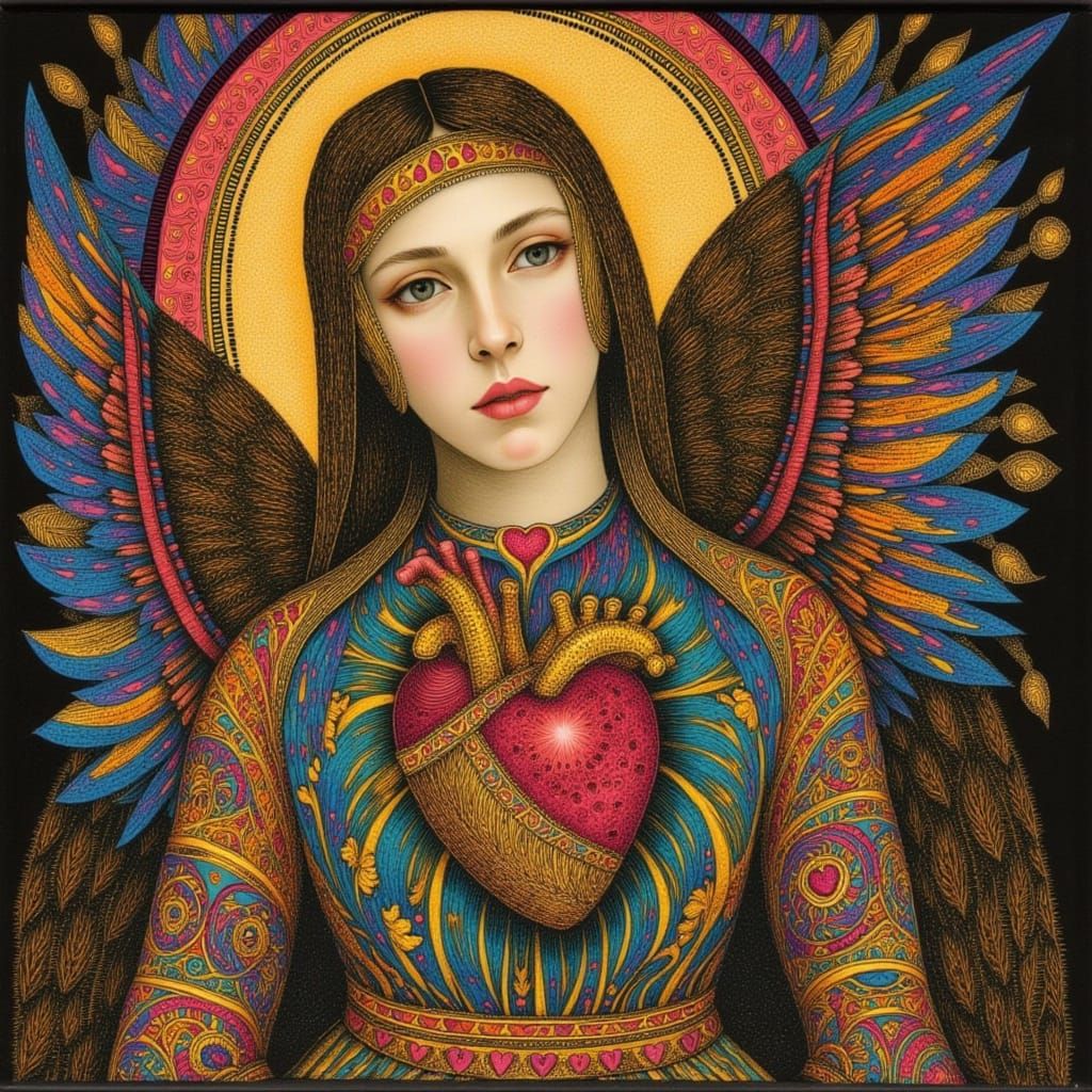Sacred Heart of Mary in Psychedelic Pre-Raphaelite Style