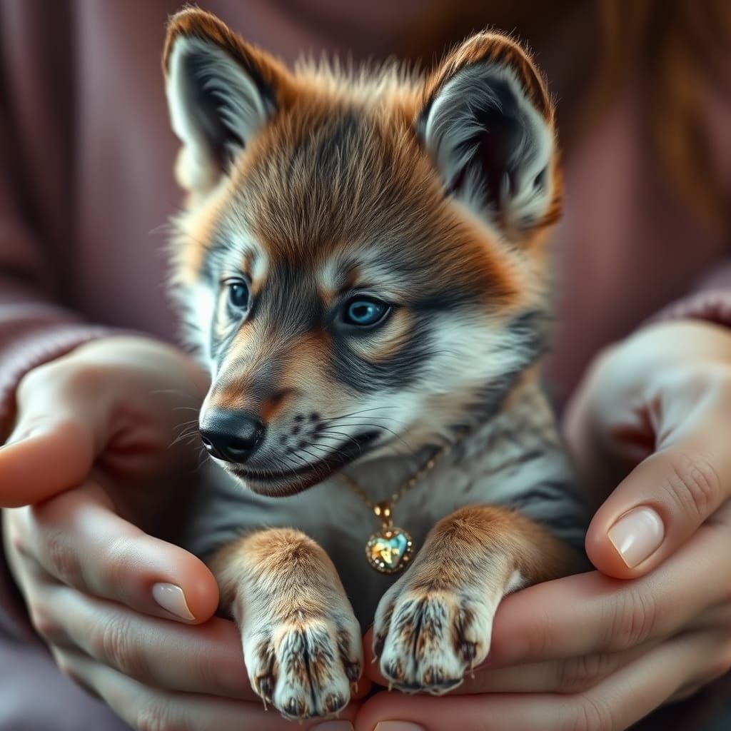 Hyperrealistic Wolf Pup with Necklace in Gentle Hands