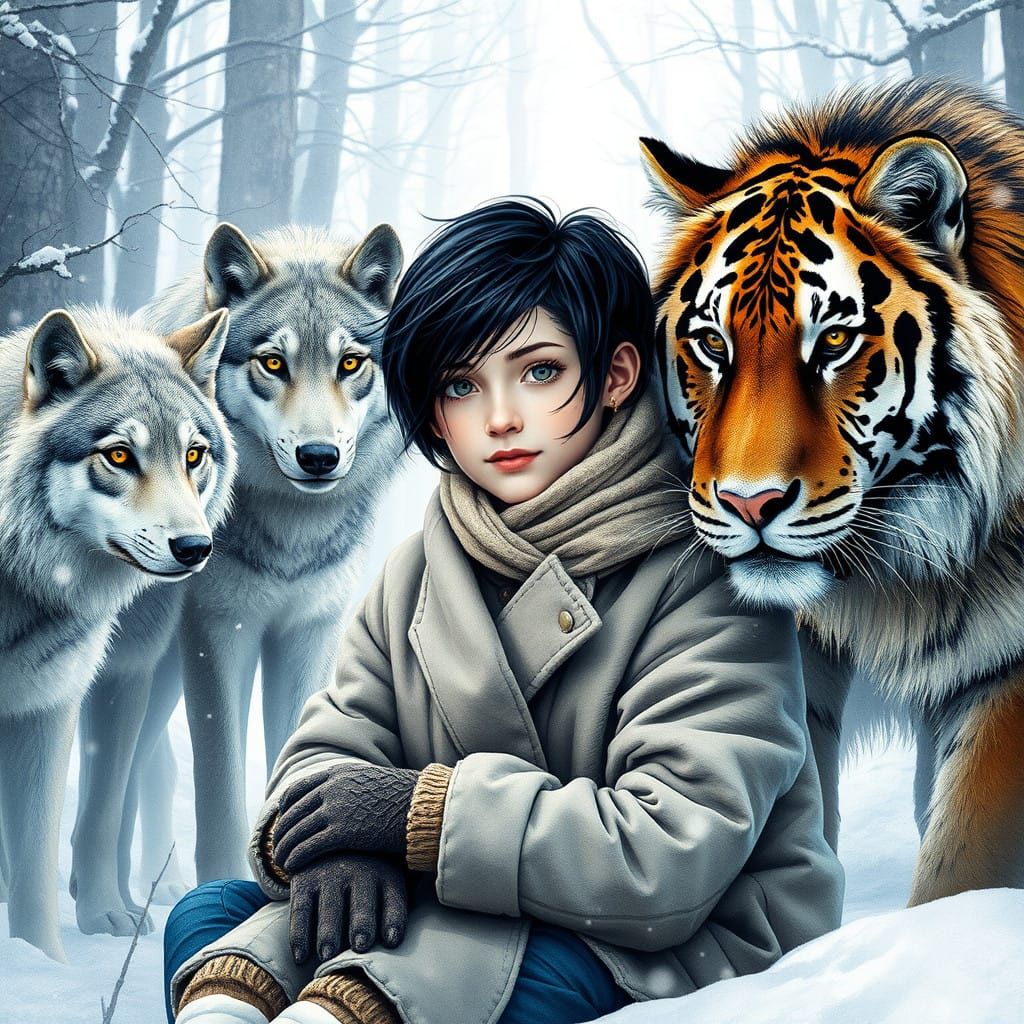 Girl Surrounded by Wolves and Tiger in Winter Wonderland Sce...