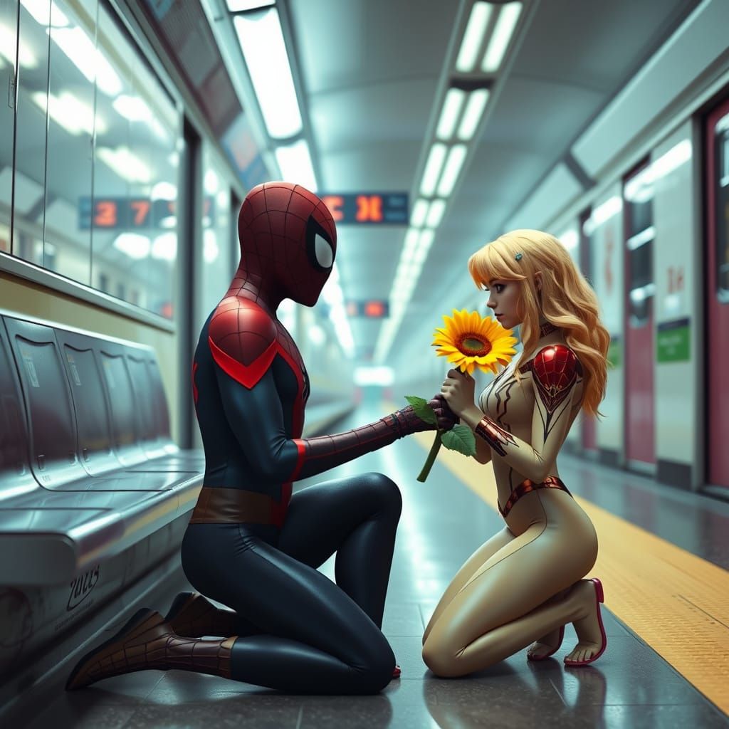 Spiderman Surprises Gwen Stacy in Subway with Sunflower