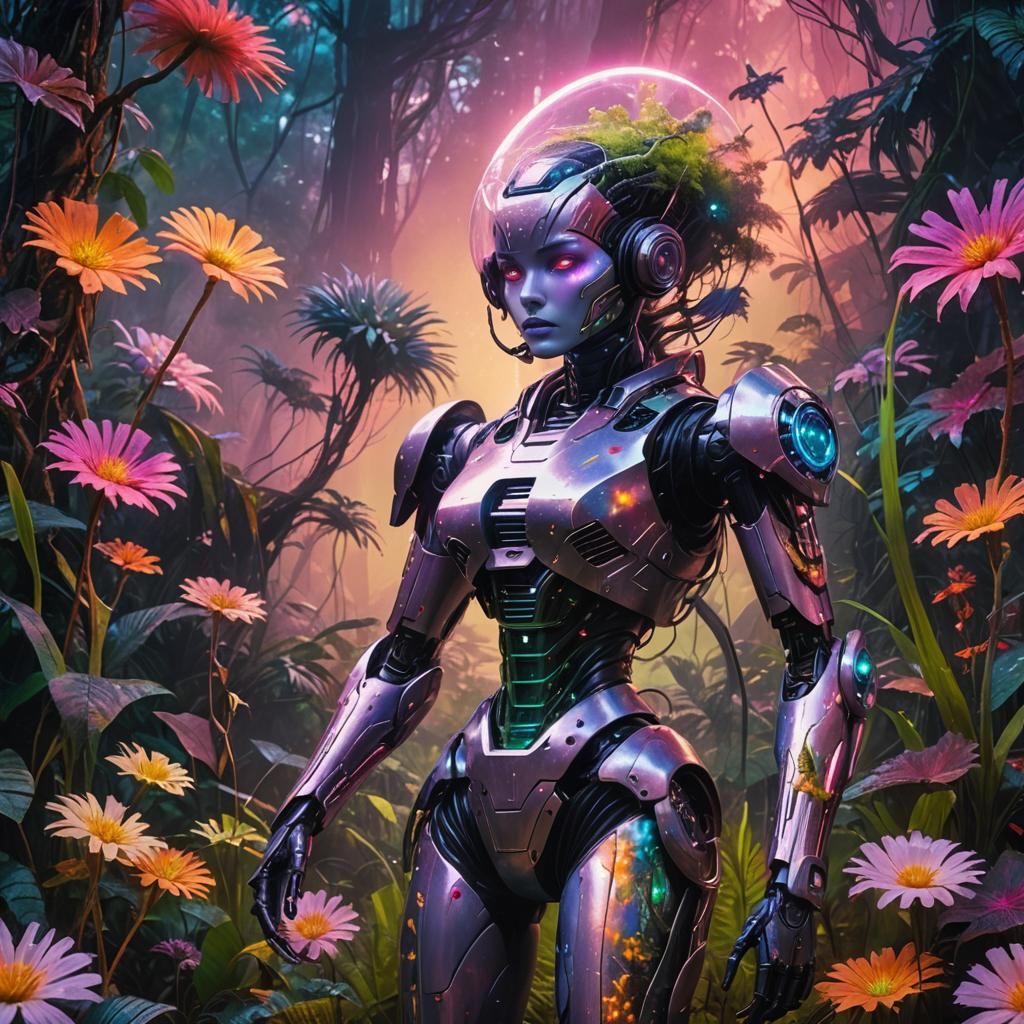 Alien Robot Woman in Neon Noir Forest