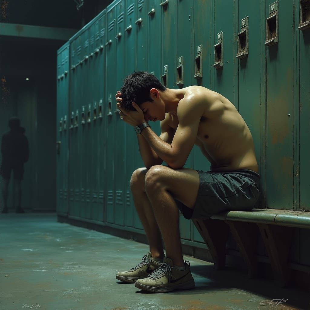 Dejected Young Athlete in a Moody Locker Room Scene