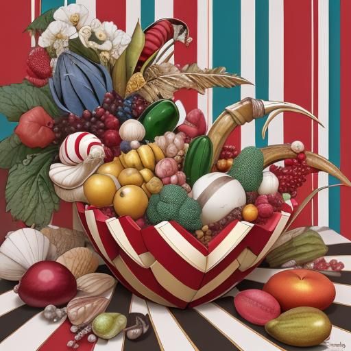Hyperrealistic Cornucopia with Fruits and Jewels