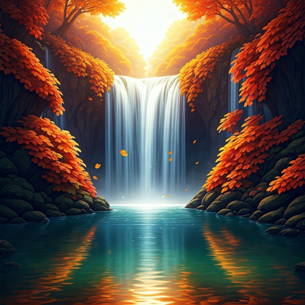 Magical Autumn Leaves Waterfall in Mystical Lagoon