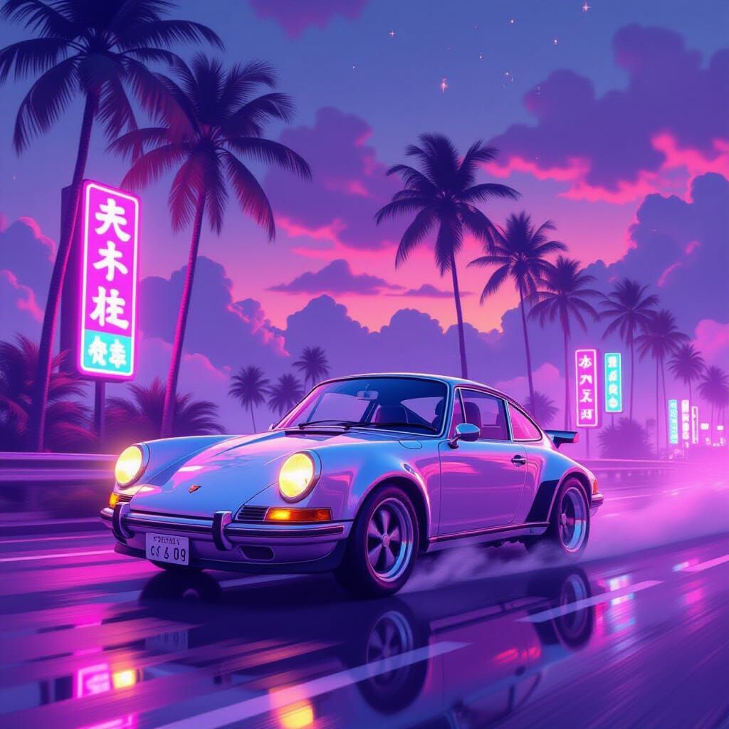 Vaporwave Porsche in Retro-Futuristic Landscape