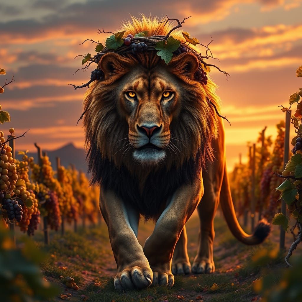 Regal Lioness in Vineyard Sunset Scene with Glowing Grape Vi...