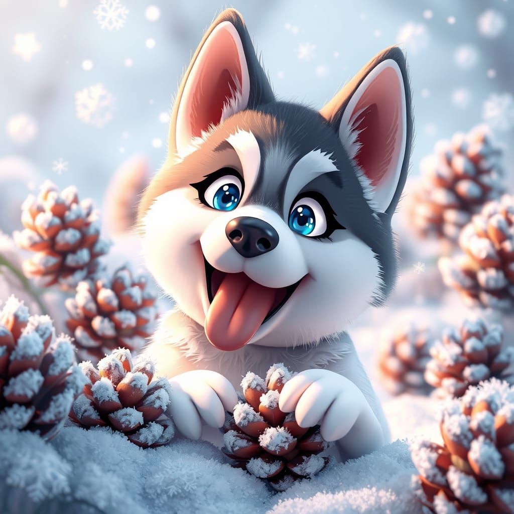 Whimsical Husky Puppy in Winter Wonderland