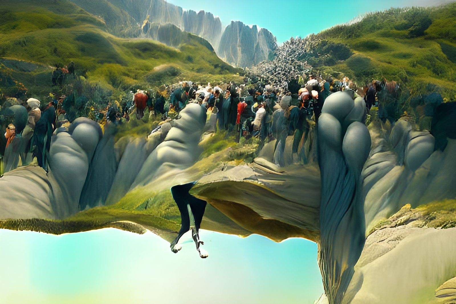Crowd Leaping from Cliff in Dramatic Perspective