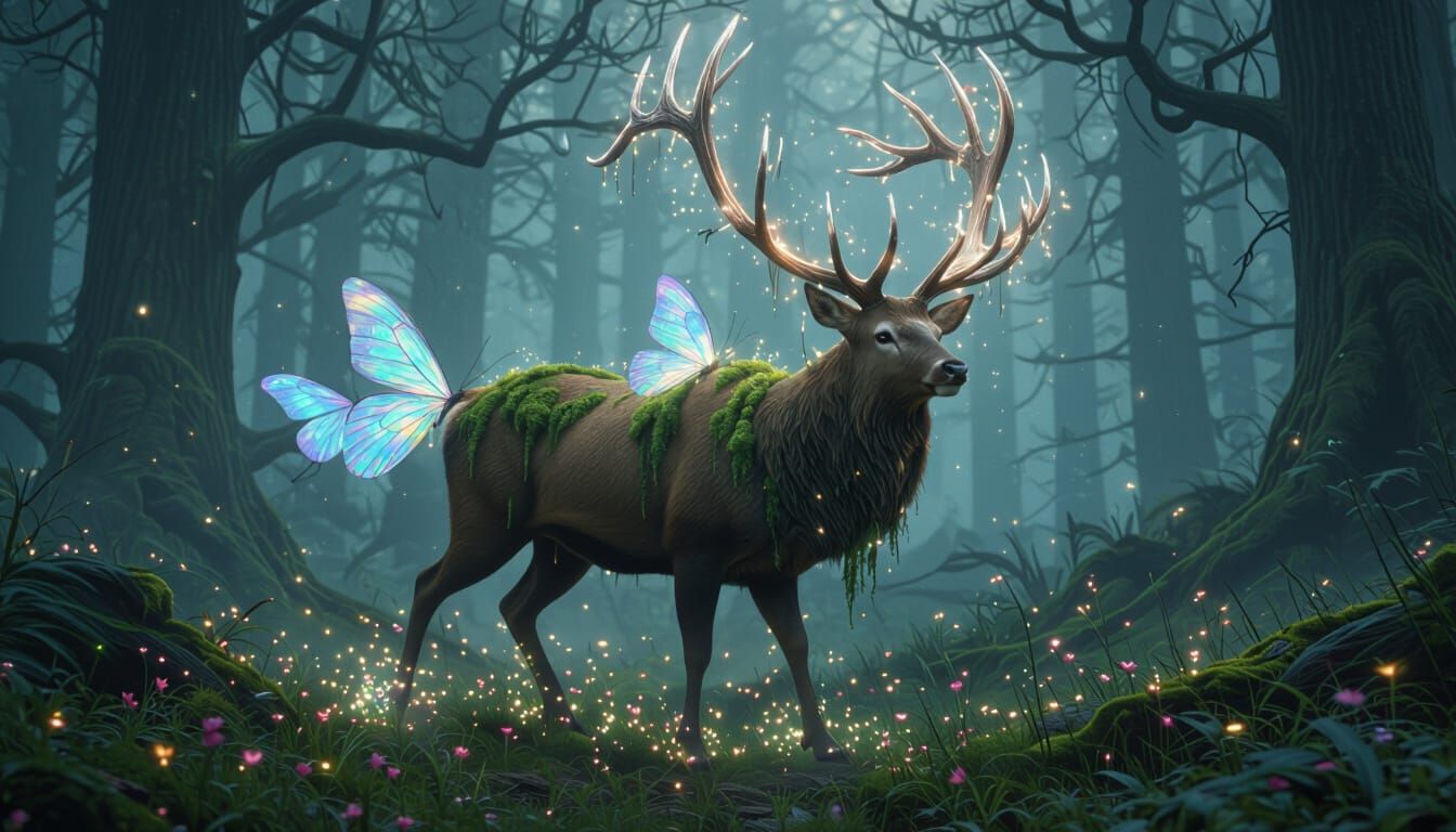 Majestic Stag with Crystalline Antlers in Enchanted Forest
