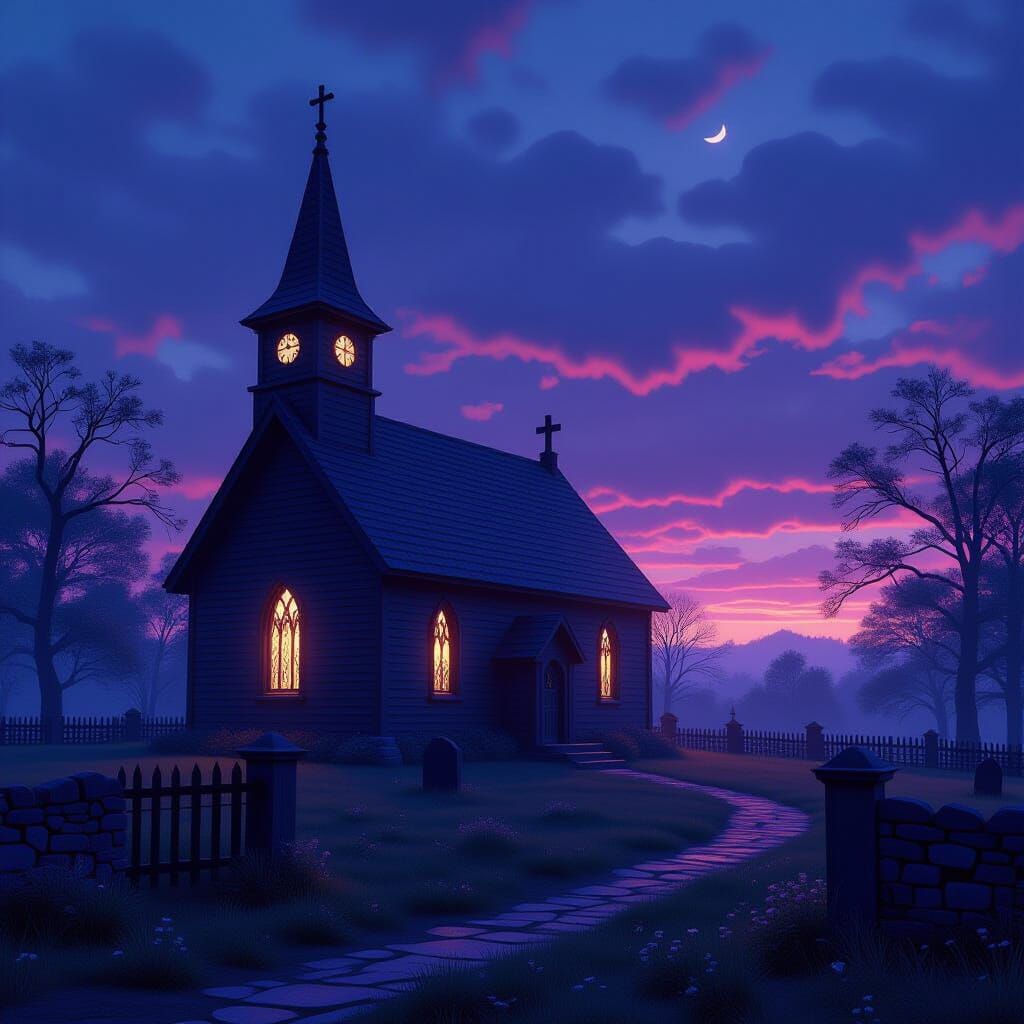 Serene Twilight Churchyard in Fantastical Matte Painting Sty...