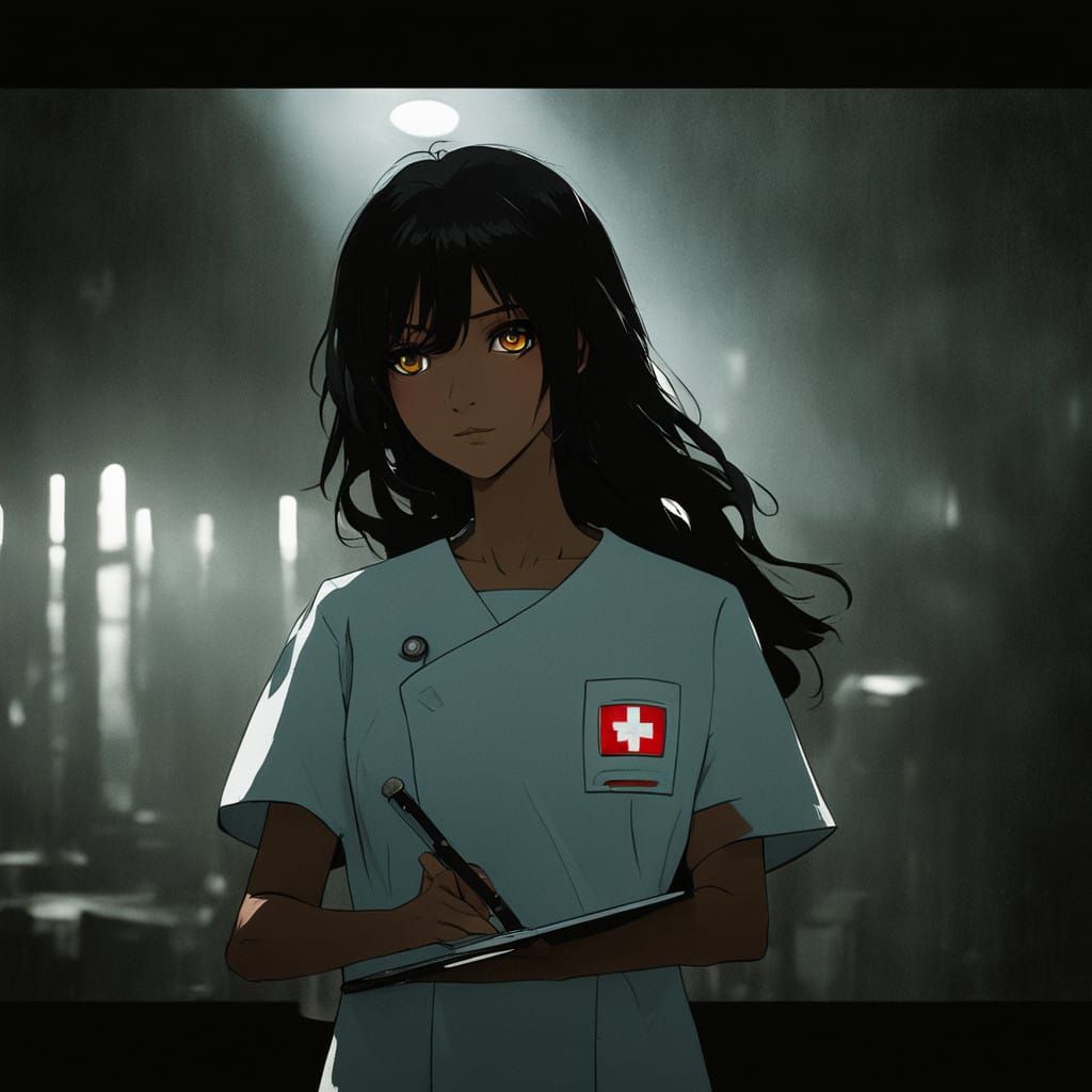 Cyberpunk Nurse with Golden Eyes and Red Scrubs