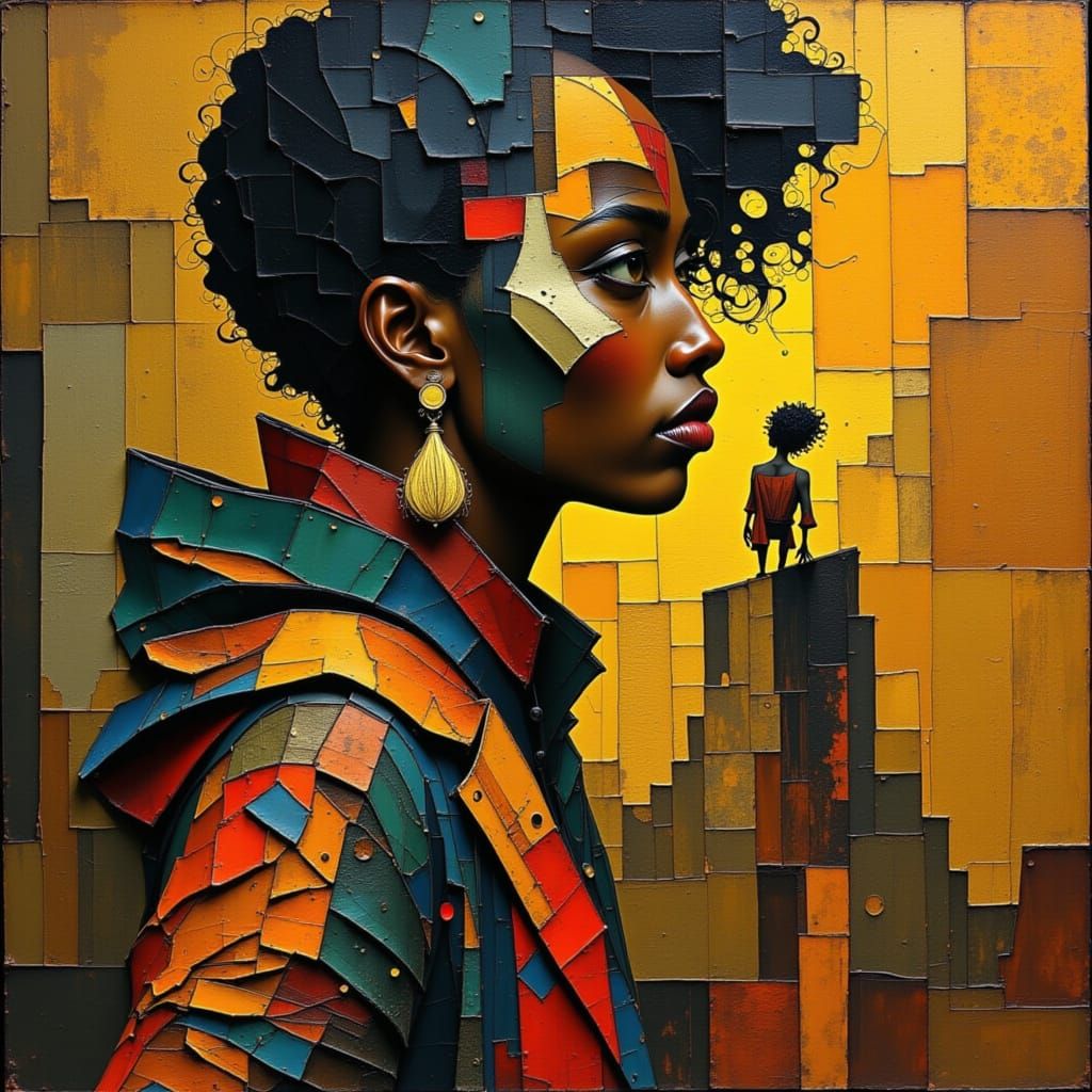 Elegant Woman in Textured Outfit, Layered Composition