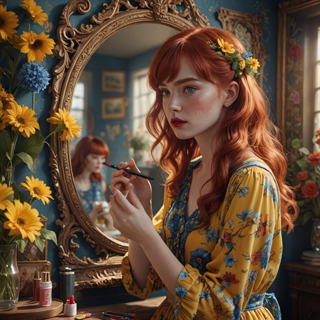 Young Woman Applies Lipstick: Fantasy Concept Art