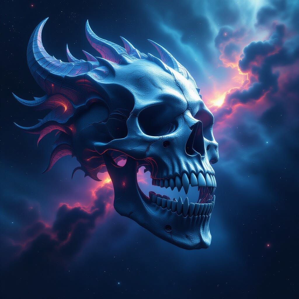 Cosmic Dragon Skull with Alien Crystals in Deep Space