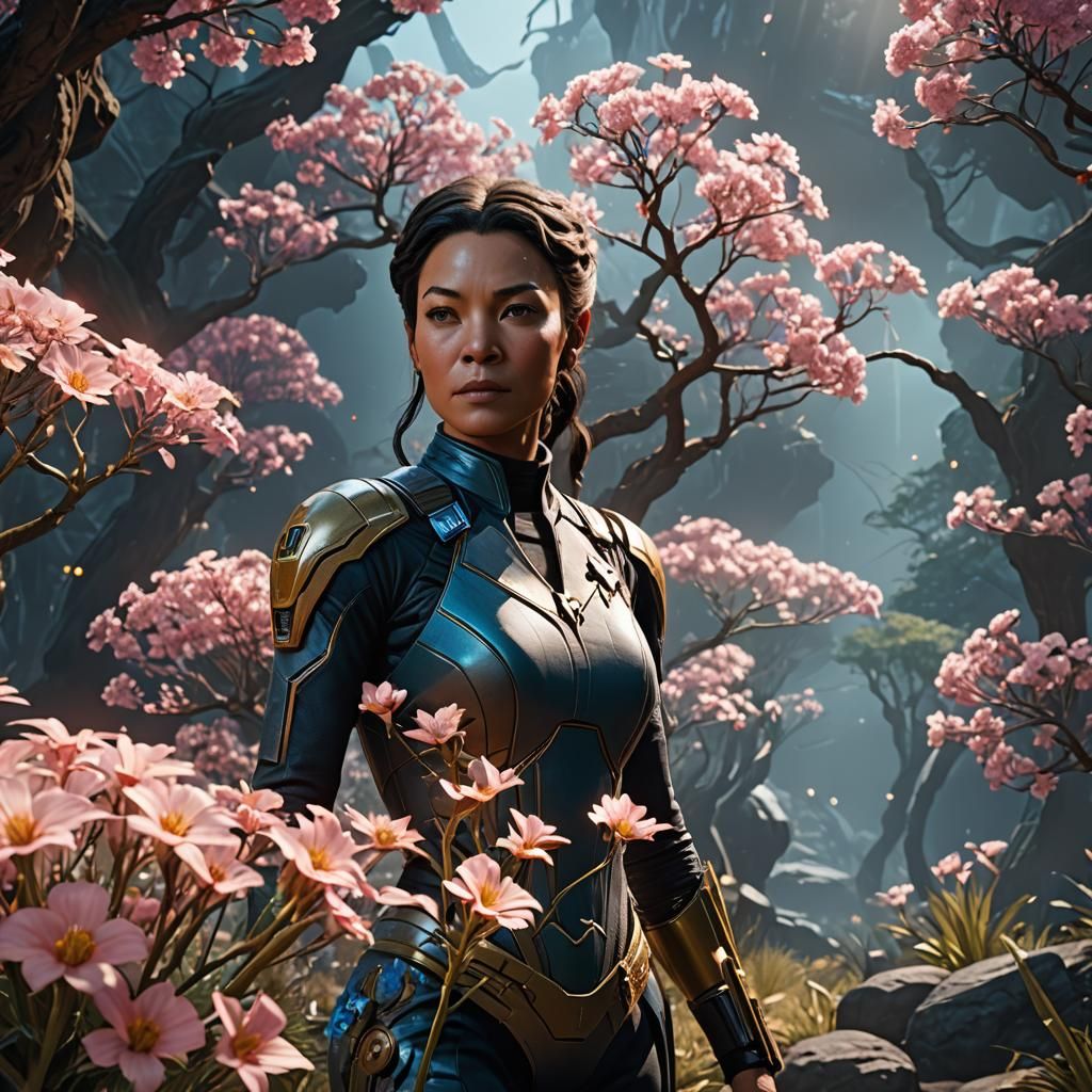 Star Trek Inspired Woman with Glowing Flowers, 3D Render