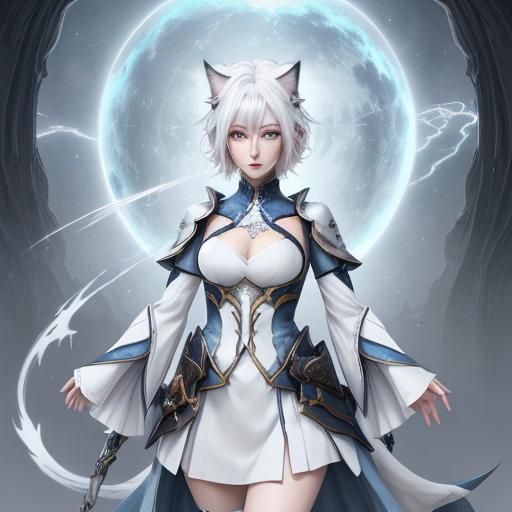Cat Girl in White Fantasy Dress
