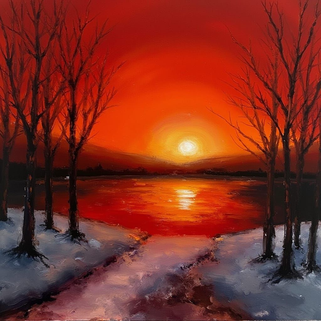 Winter Sunset Landscape Painting in Impressionistic Style