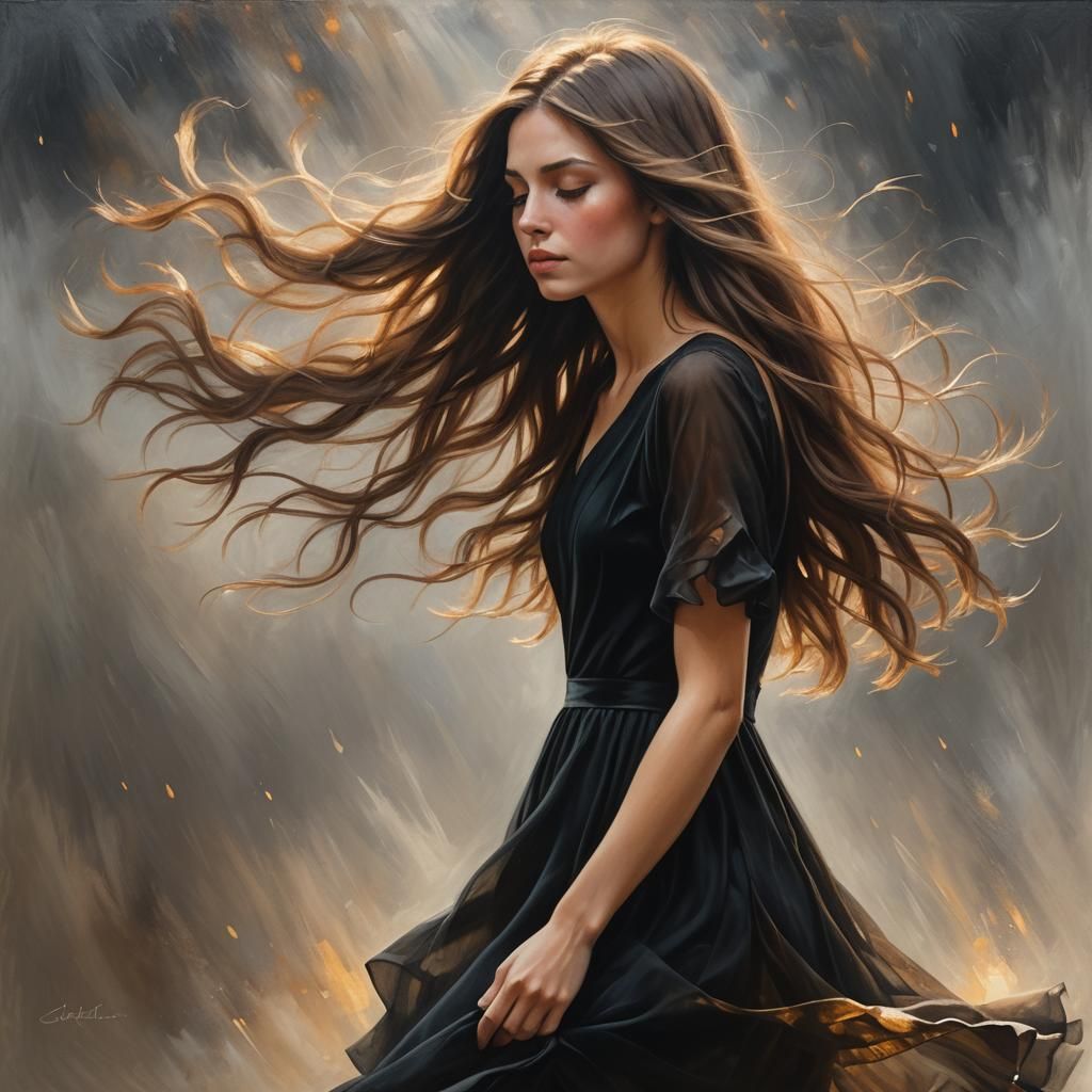 Windswept Girl Portrait in Detailed Matte Oil Painting