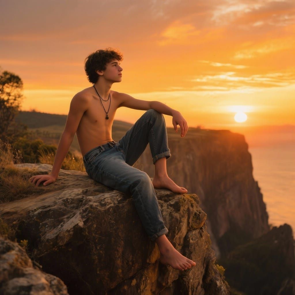 Man Watches Sunset from Cliff in Golden Hour Photograph