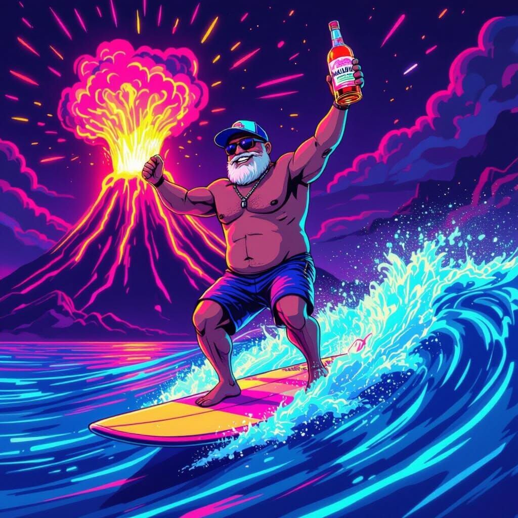 Bald Man Surfing Neon Wave with Erupting Volcano
