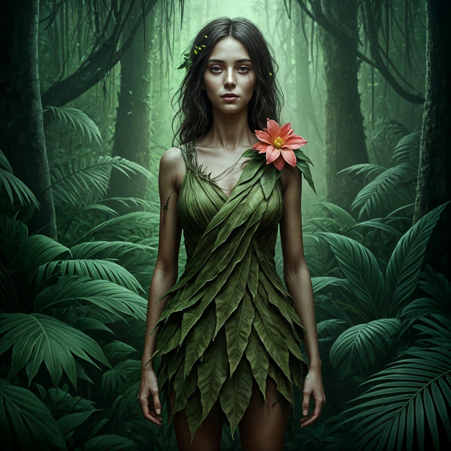 Young Woman Transfixed in Jungle Landscape