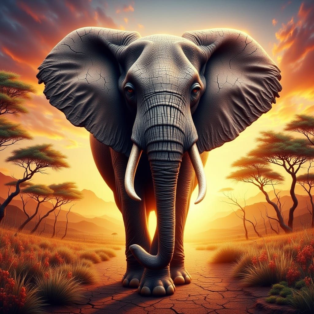 Cracked Skin Elephant in African Savannah