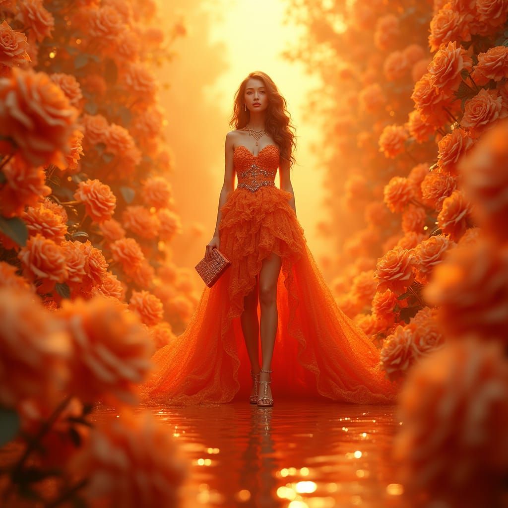 Glamorous Woman Centered in Giant Orange Rose