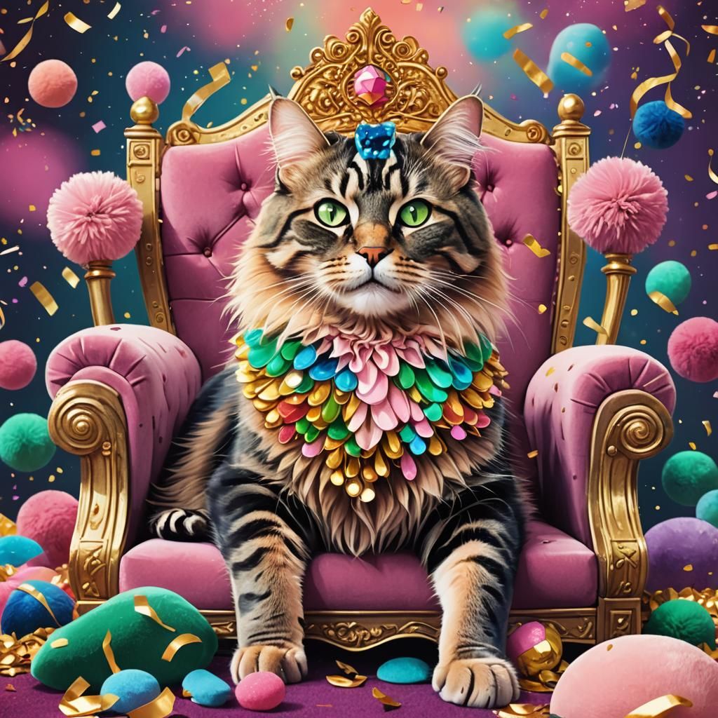Majestic Cat on Throne in Whimsical Digital Art