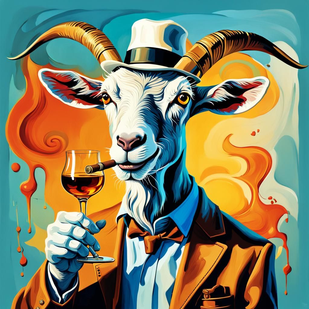 Cheerful Goat Caricature with Cognac and Cigar