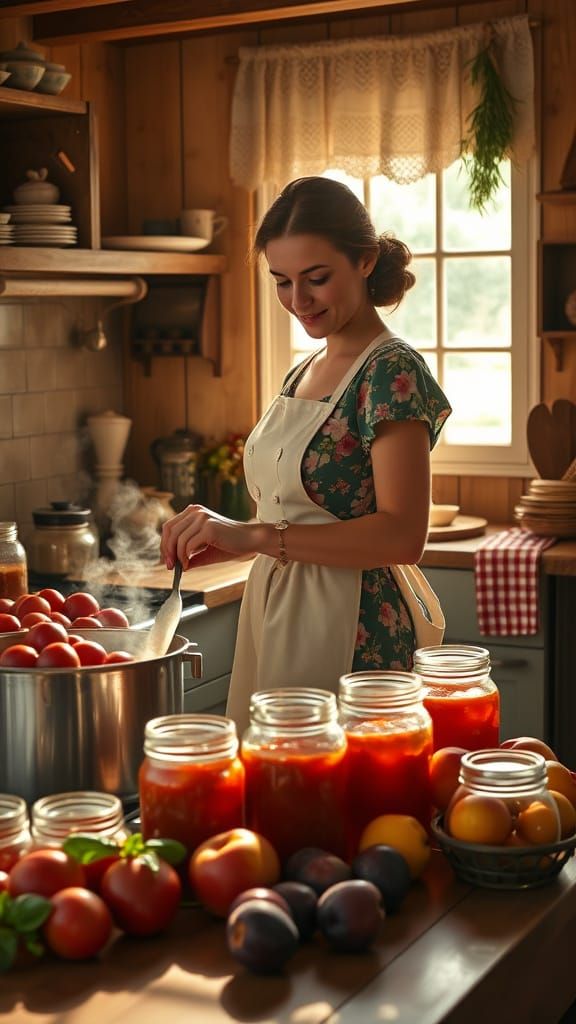 1950s Housewife Canning Tomatoes in Farmhouse Kitchen