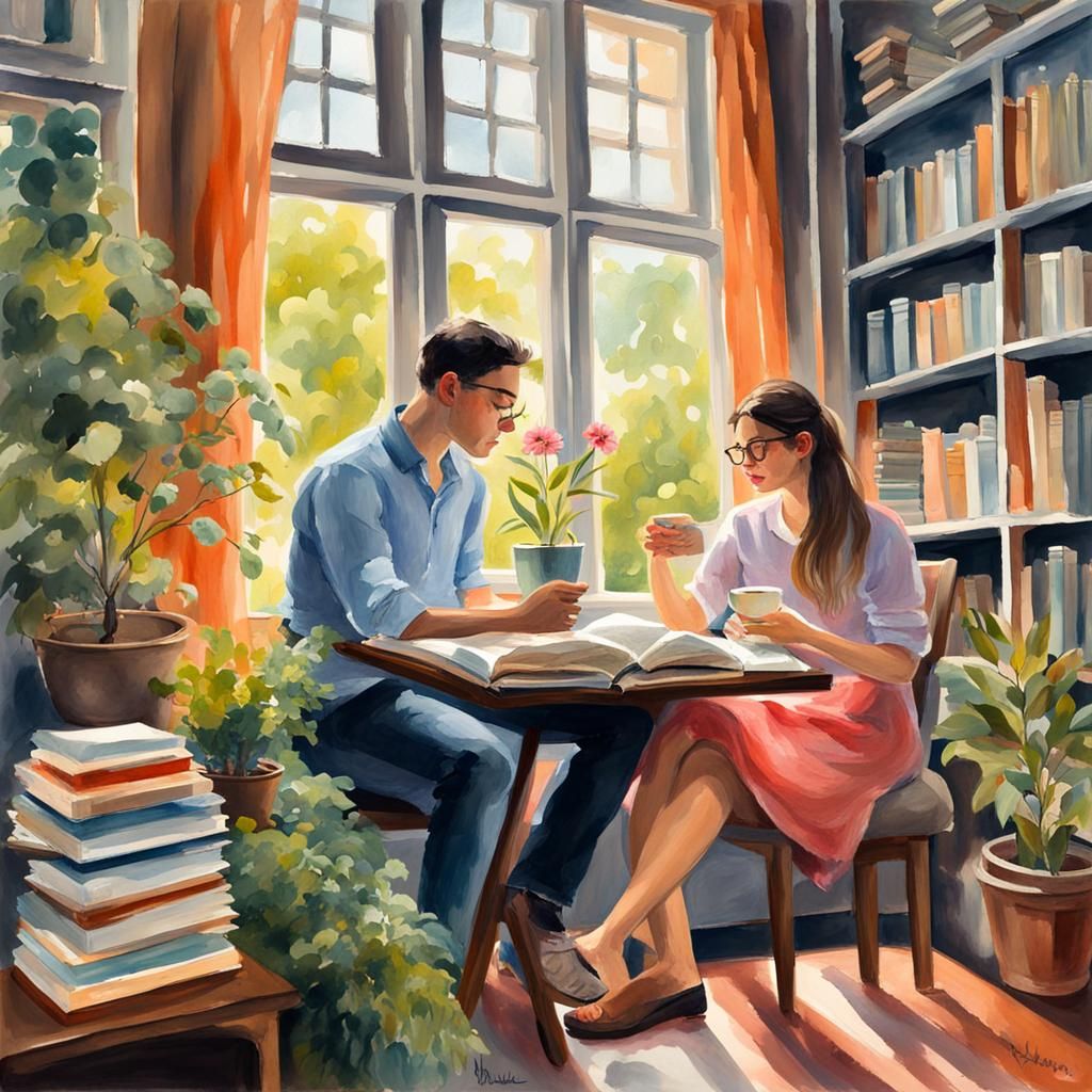 Couple Reading in Impressionist Style Room