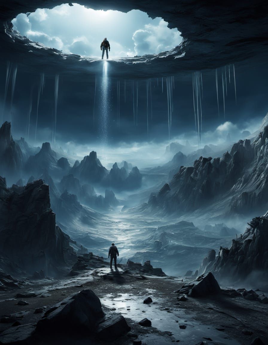 Surreal Man Falls from Sky Crying, Dramatic Lighting