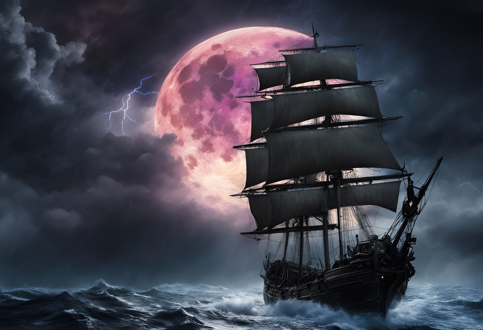 Pirate ship sails under a blood moon during a storm