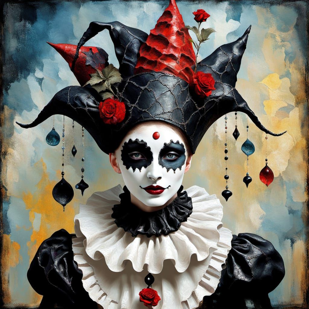 Gothic Pierrot Masquerade in Surreal Dystopia